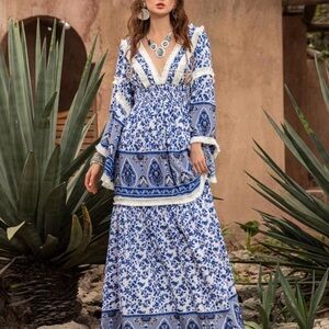 Faeriesty boho shirred waist flounced sleeve blue & white maxi dress.